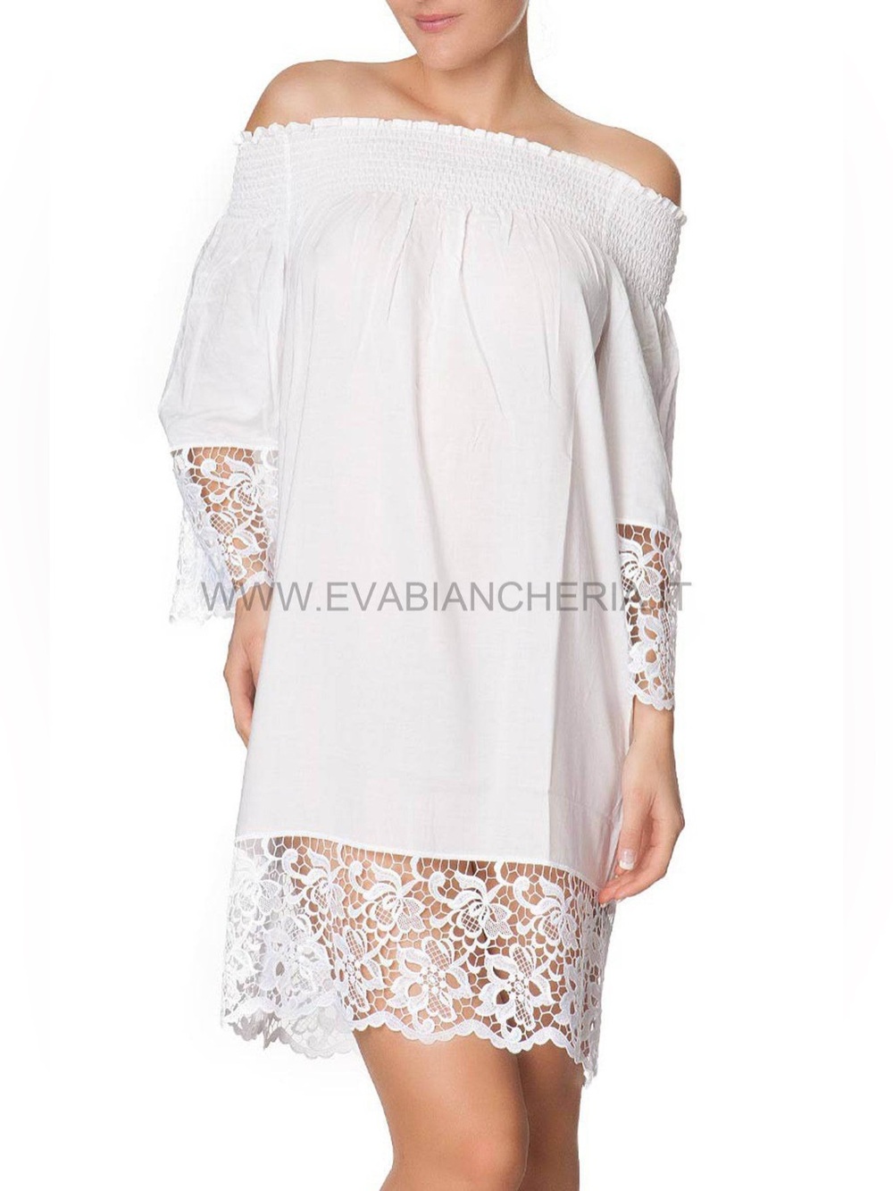 Off-Shoulder Lace Trim 3/4 Sleeve Short Dress